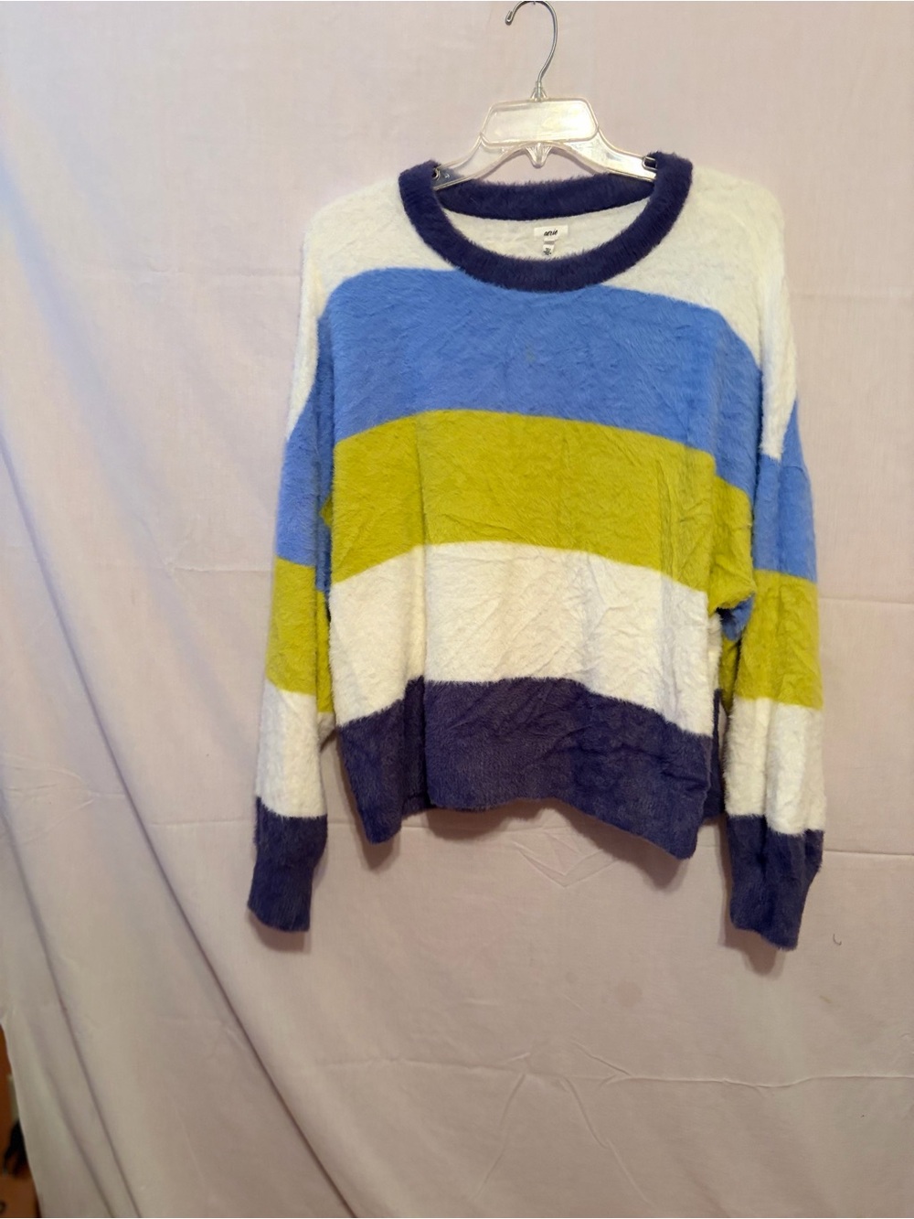 Aerie Striped Over Sized Cozy Crewneck Sweater in Blue, Lime & White
